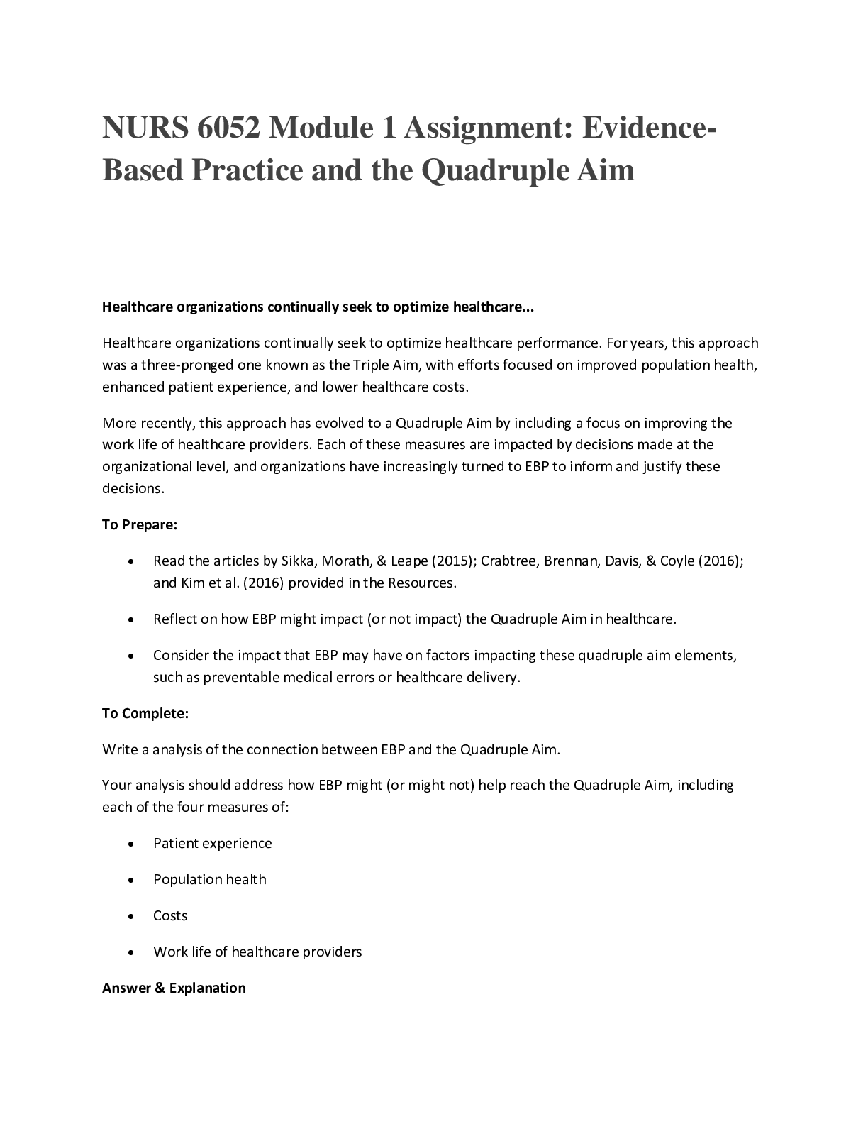 Preview of NURS 6052 Module 1 Assignment: Evidence-Based Practice and the Quadruple Aim